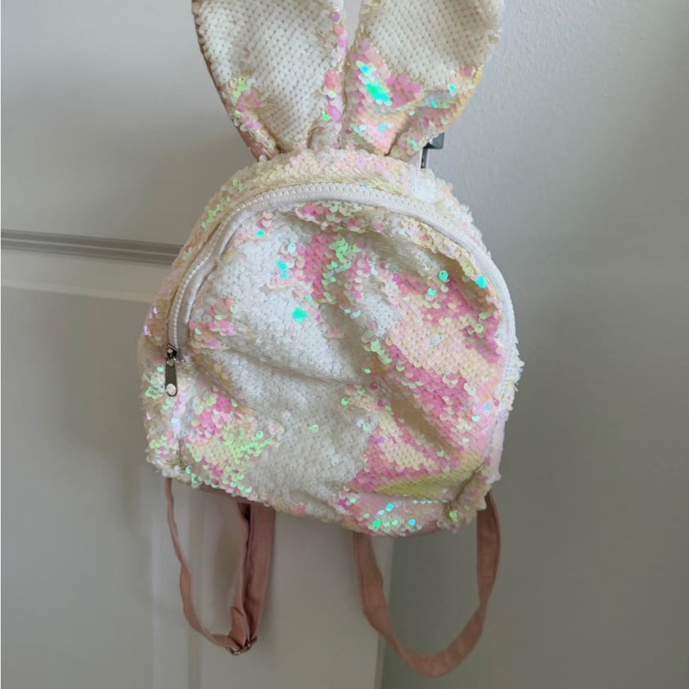 Sequin Bunny Ear Backpack Kids Toddler Easter Pink White Iridescent